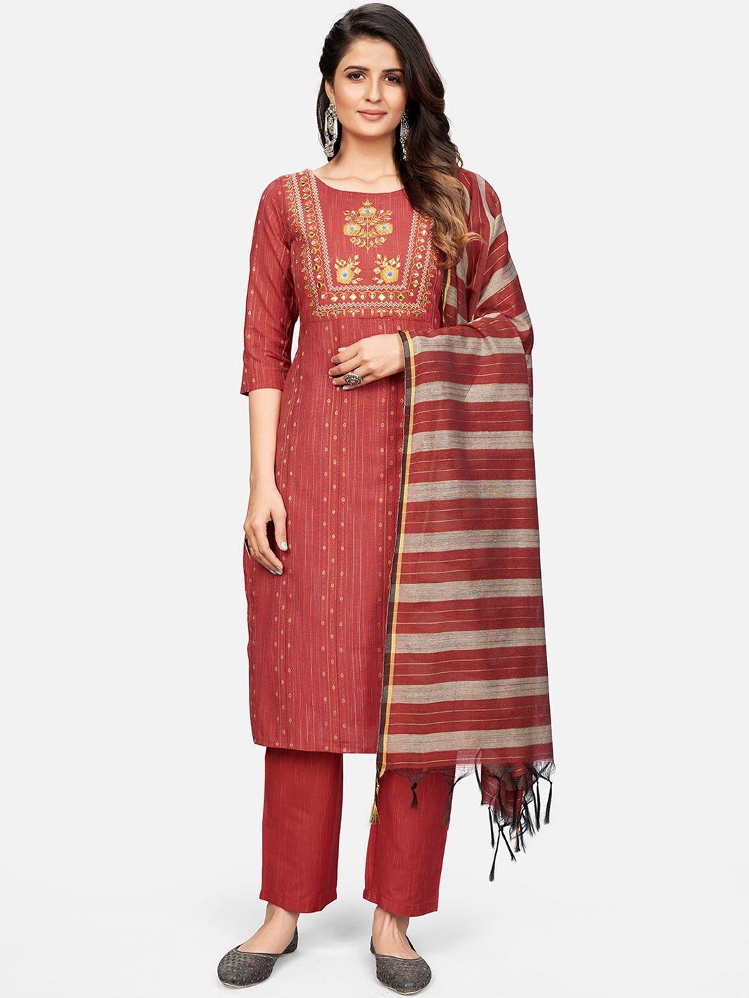 kalini women red ethnic motifs printed mirror work pure cotton kurti with trousers & with dupatta