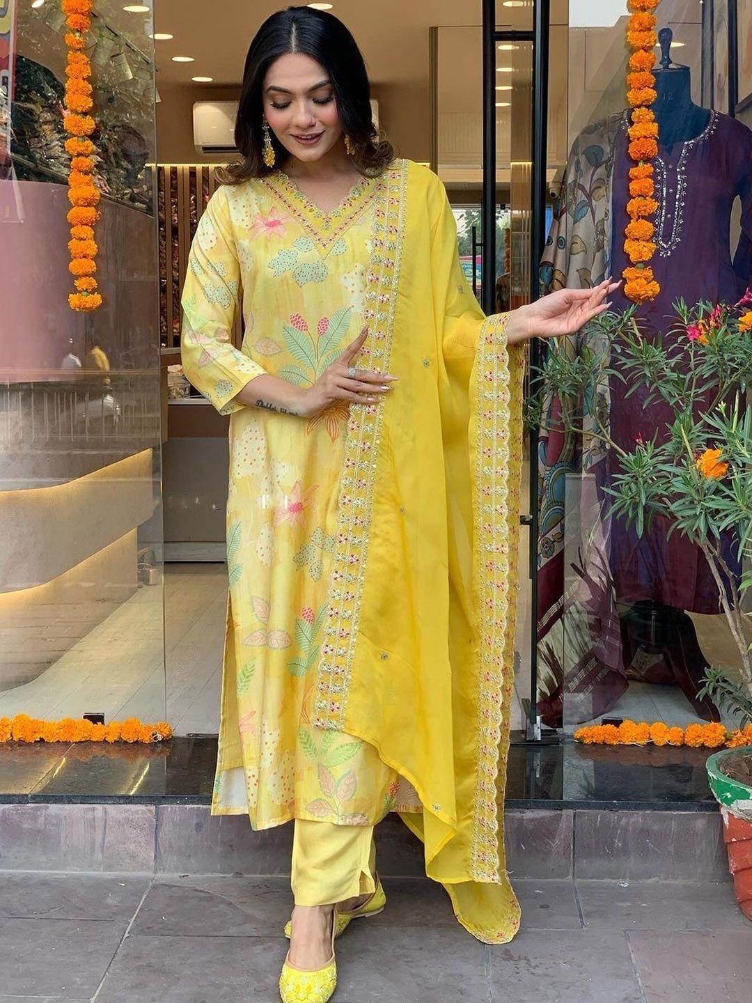 kalini women yellow floral printed regular sequinned kurta with trousers & with dupatta