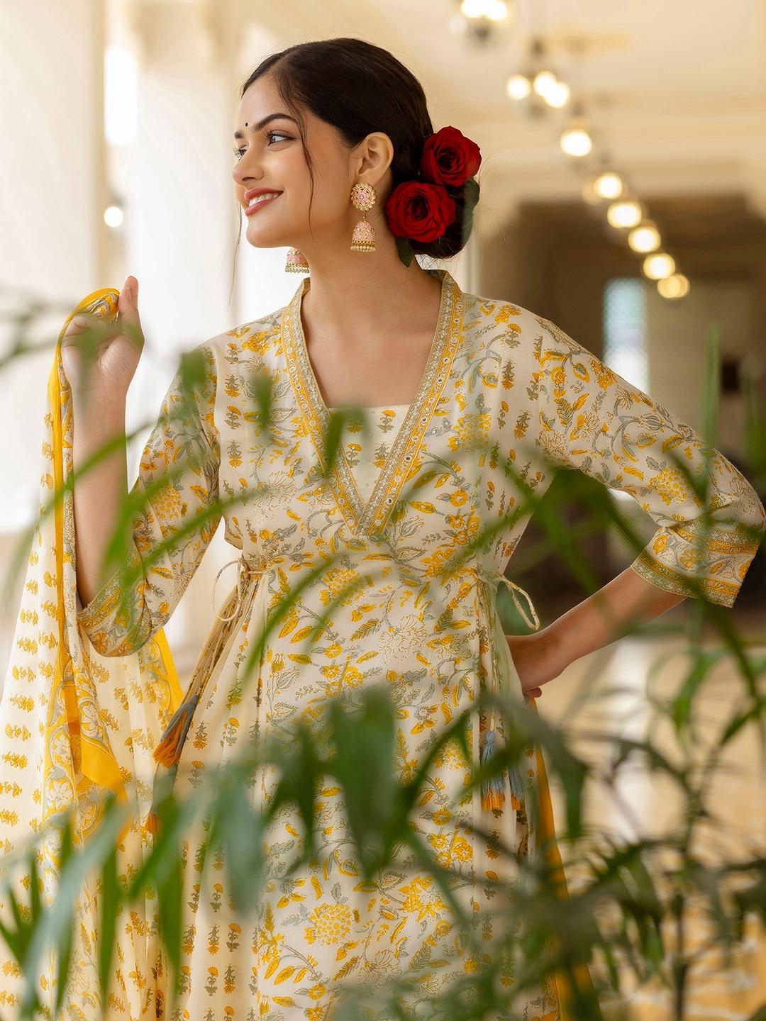 kalini women yellow floral yoke design empire mirror work pure cotton kurta with patiala & with dupatta