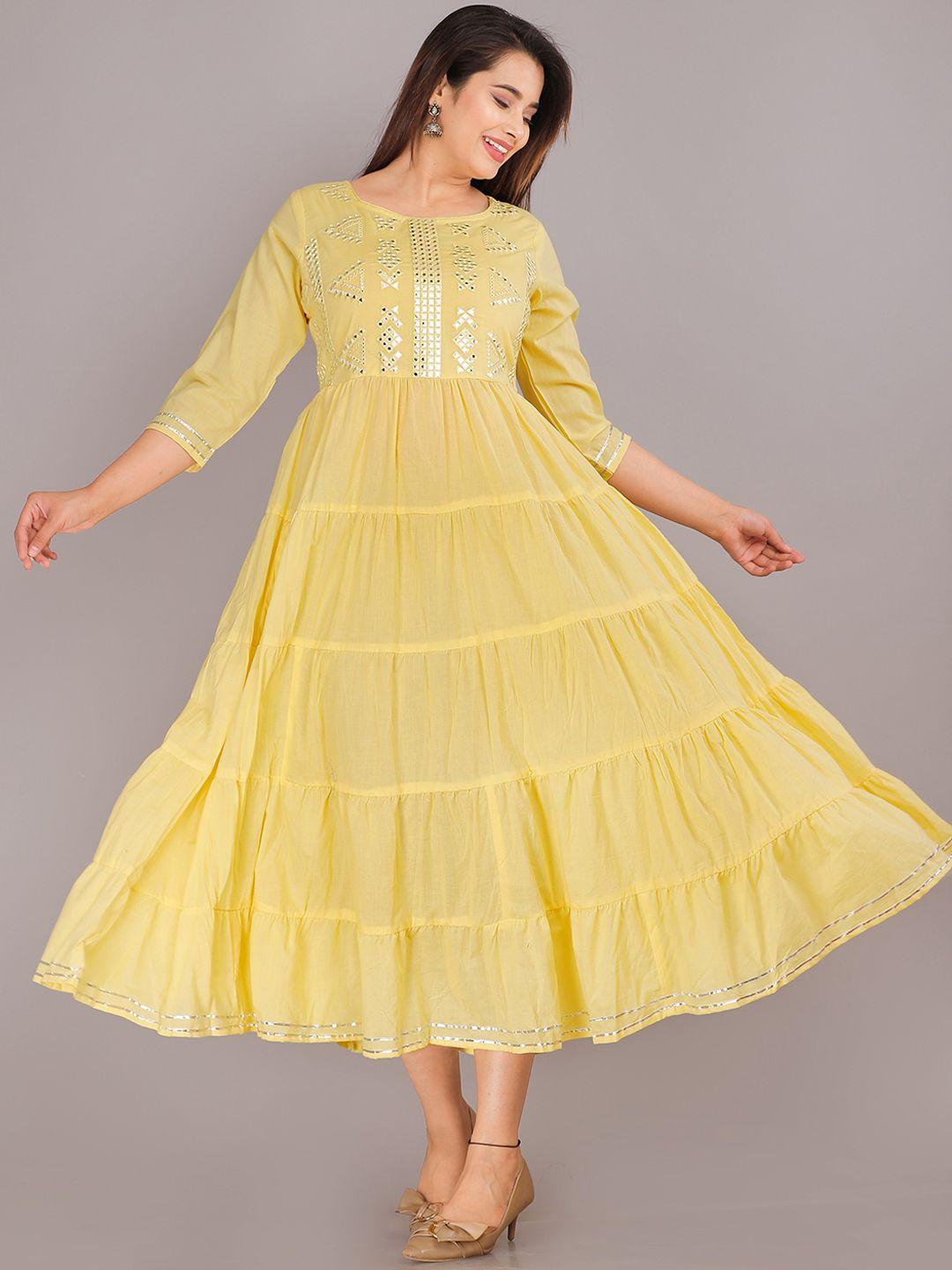 kalini women yellow mirror work tiered cotton ethnic dress