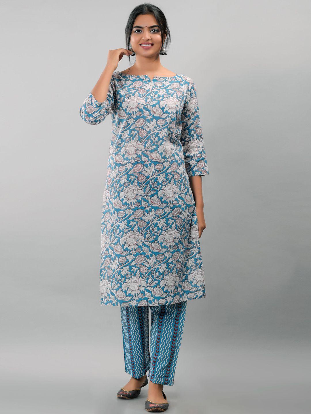 kalini women's cotton printed turquoise blue kurta suit set