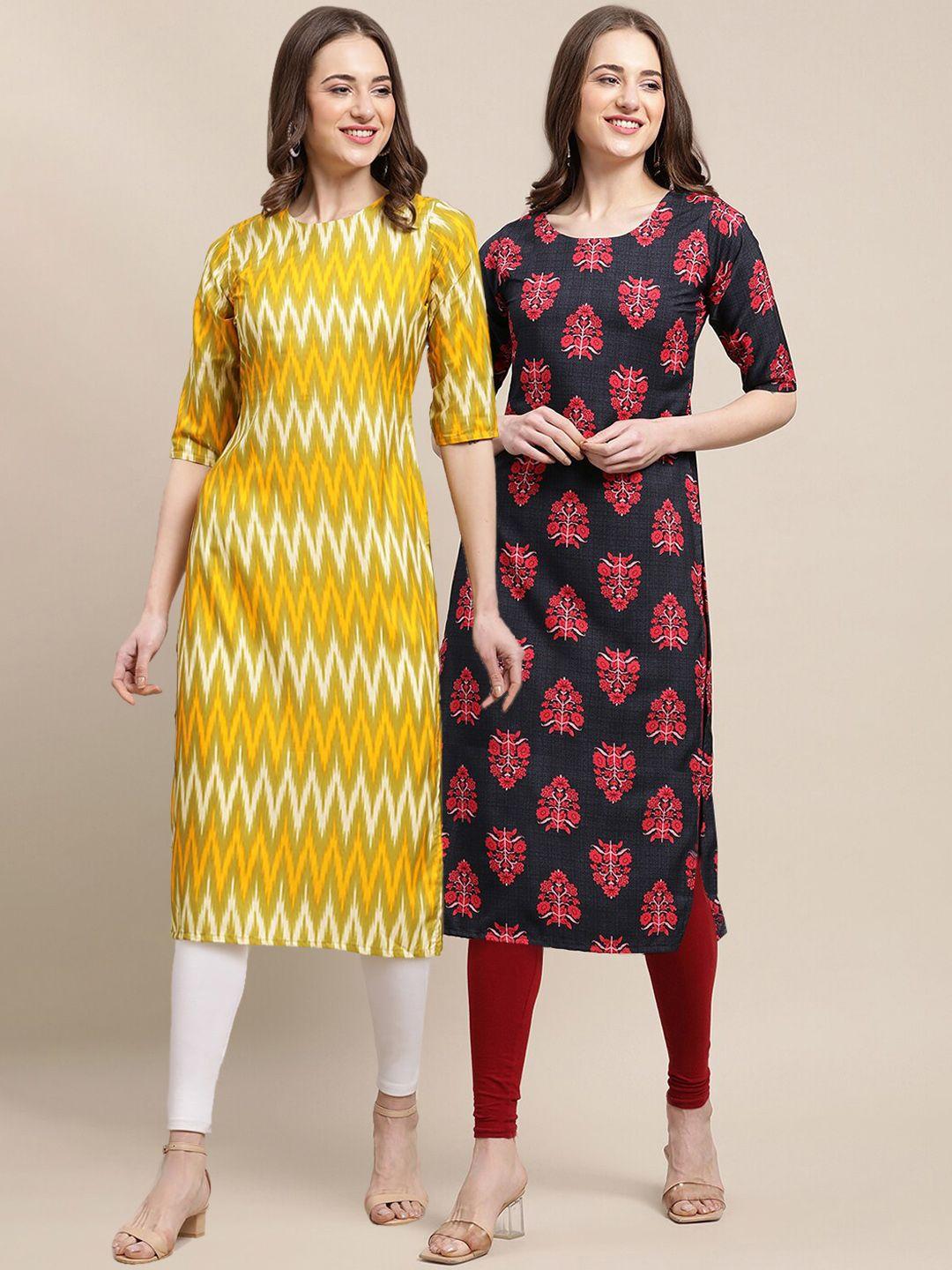 kalini women's crepe yellow & black color ethnic motif printed straight kurta pack of 2