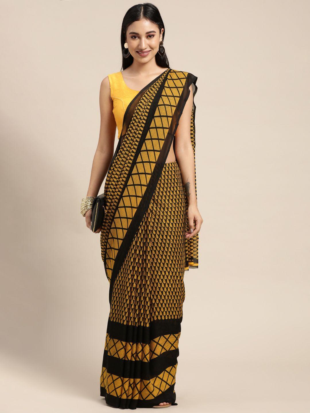 kalini yellow & black geometric printed saree