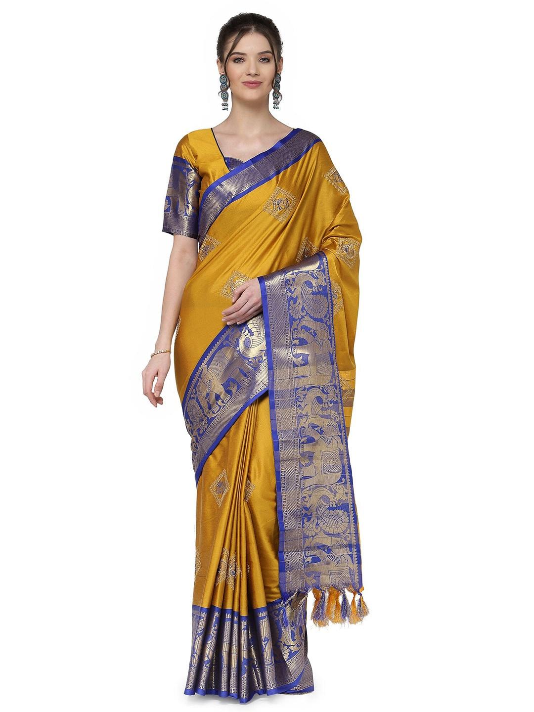 kalini yellow & blue ethnic motifs embroidered silk cotton  banarasi saree