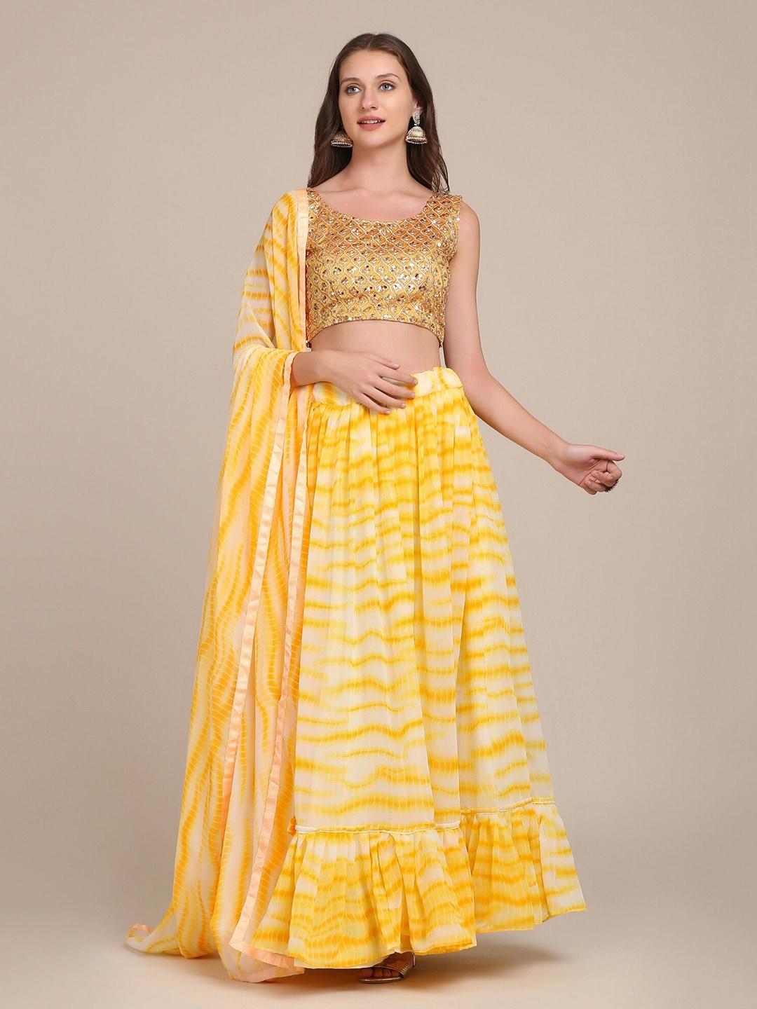 kalini yellow & gold-toned embroidered thread work semi-stitched lehenga & unstitched blouse with dupatta