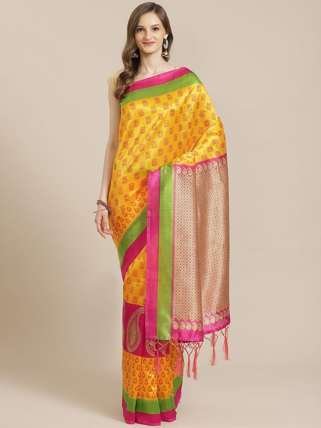 kalini yellow & pink printed mysore saree