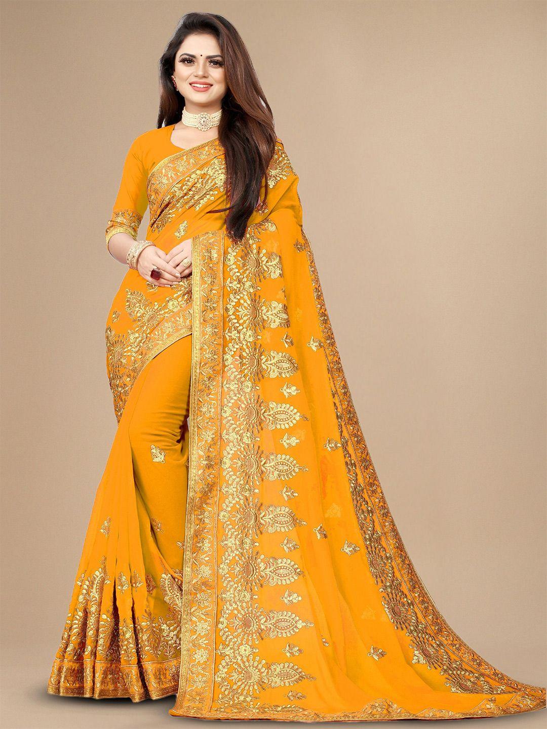 kalini yellow floral embroidered pure georgette designer saree