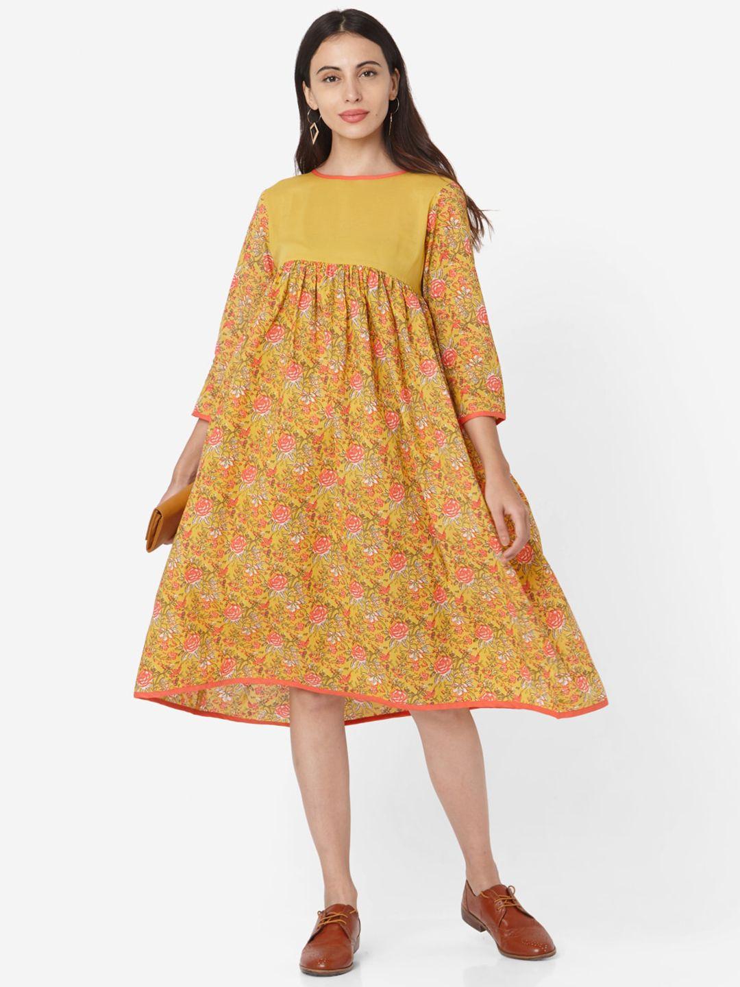 kalini  floral print three-quarter sleeves a-line dress