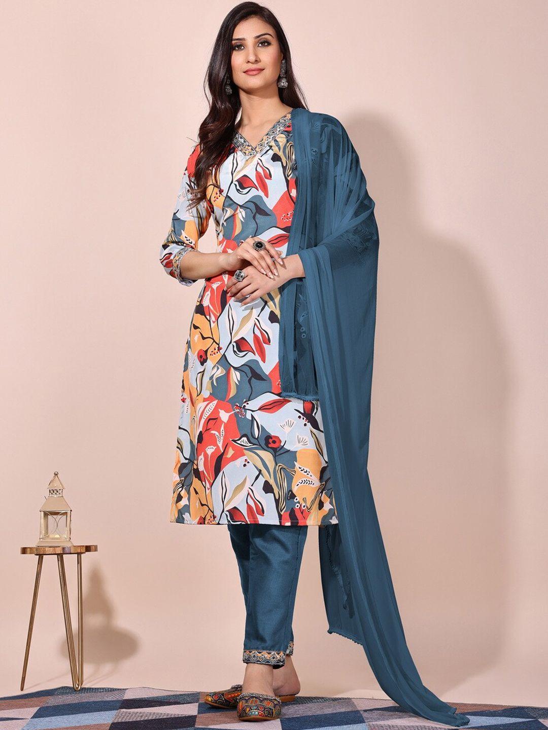 kalini  floral printed regular v-neck straight kurta with trousers & dupatta