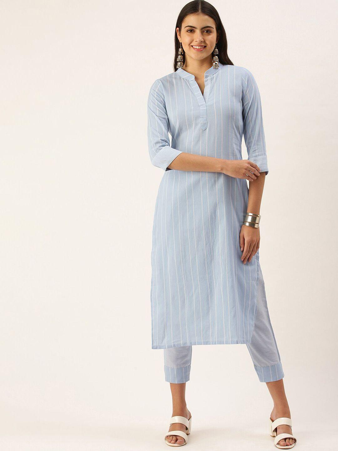 kalini  mandarin collar striped regular kurta with trousers