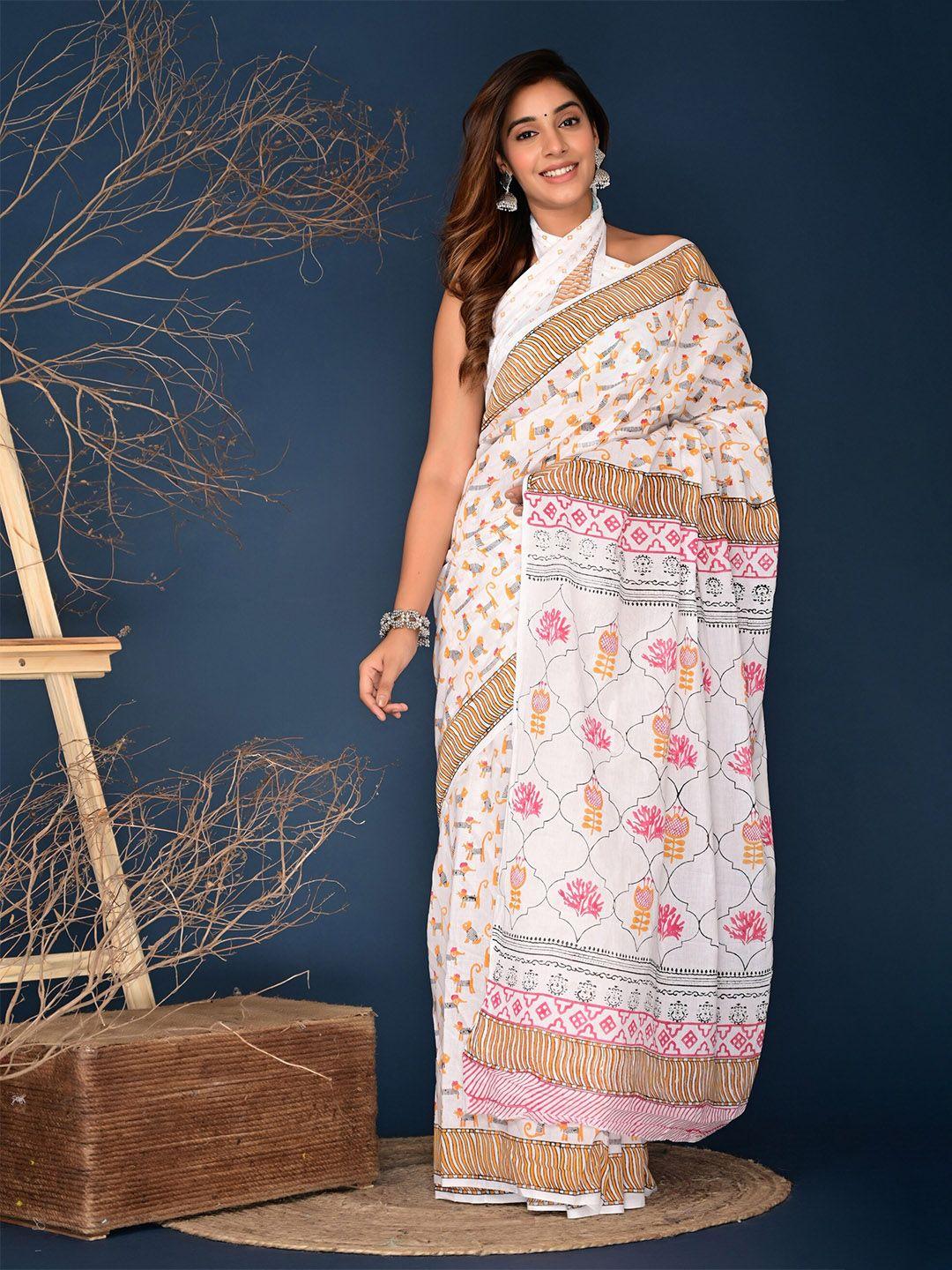 kalini abstract block printed pure cotton saree