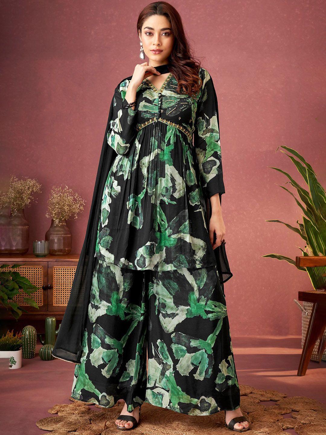 kalini abstract printed beads & stones detailed a-line kurta & palazzo with dupatta