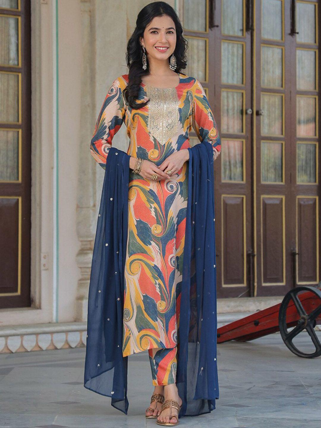 kalini abstract printed kurta with trousers & dupatta