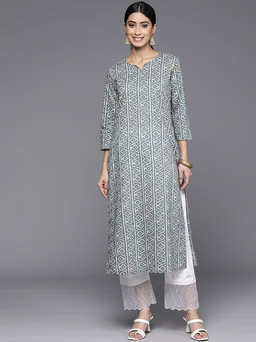 kalini abstract printed notched neck cotton straight kurta