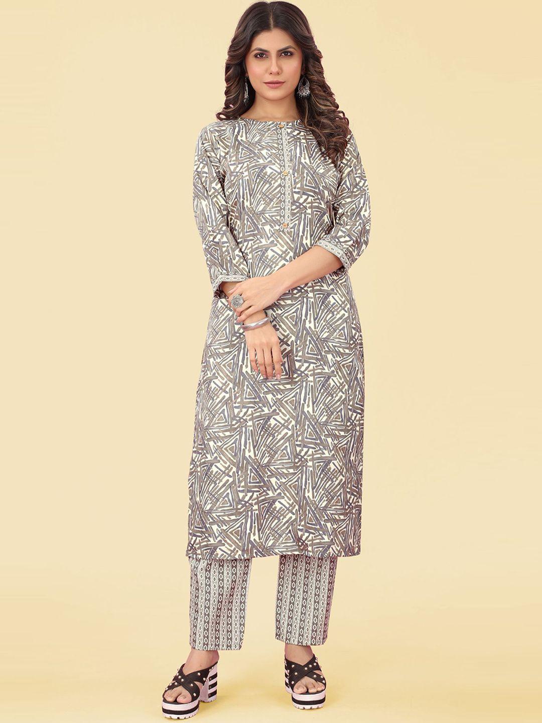 kalini abstract printed round neck straight kurta with trousers