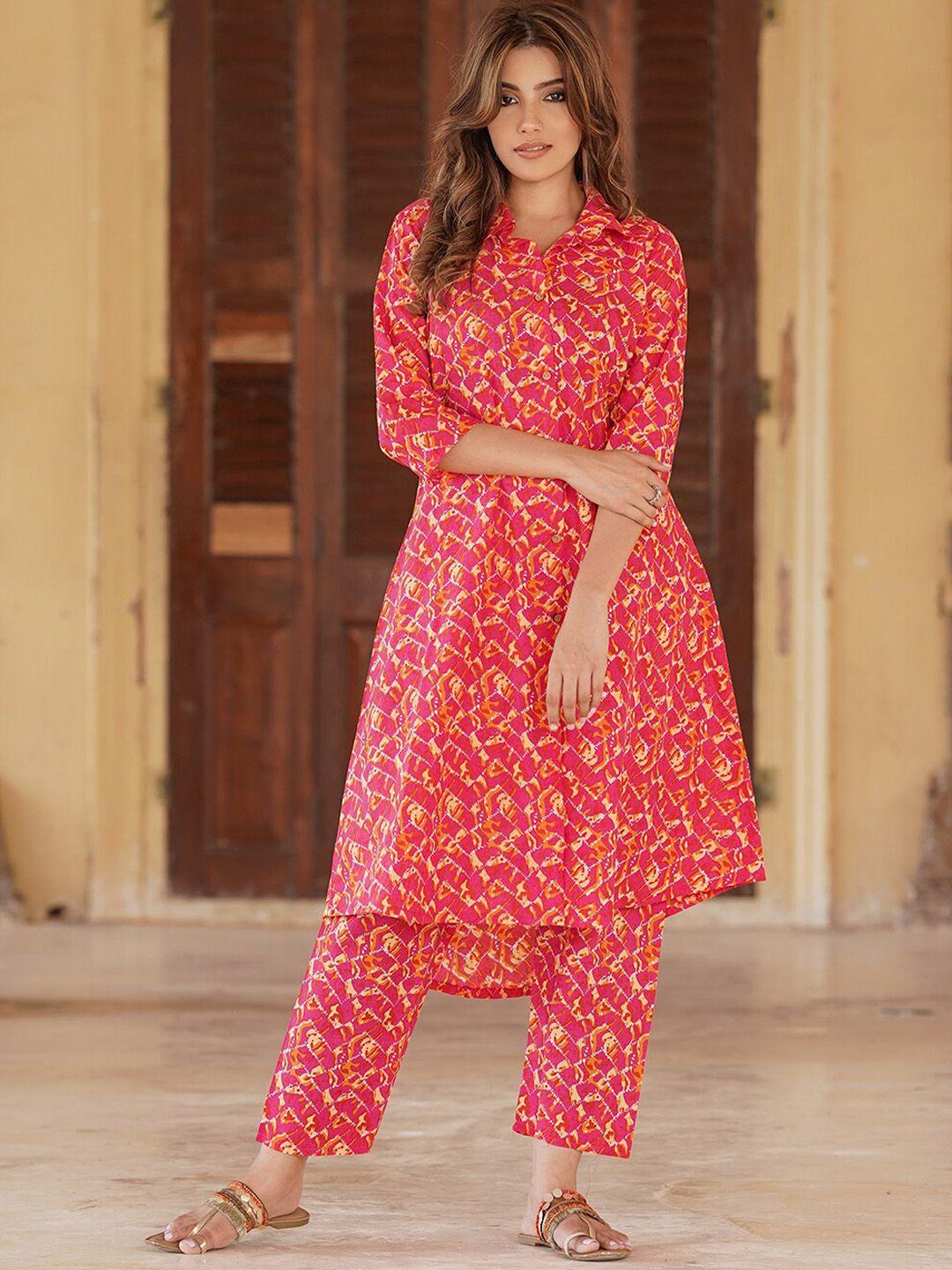 kalini abstract printed shirt collar pure cotton kurta with trousers