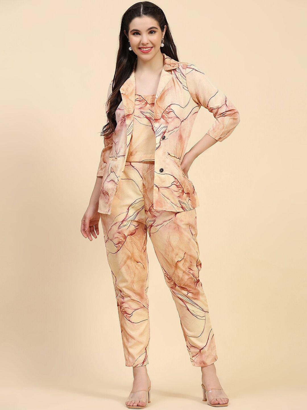 kalini abstract printed shoulder straps crop top with trousers & blazer