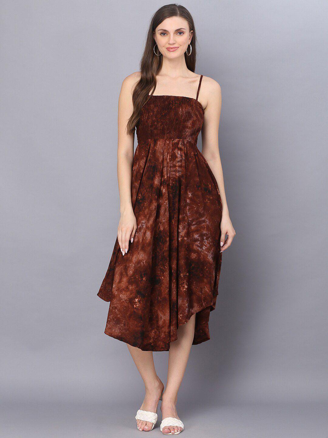 kalini abstract printed shoulder straps smocked detailed fit & flare midi dress