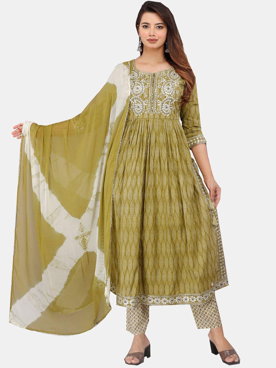 kalini abstract printed thread work a-line kurta with trousers & dupatta