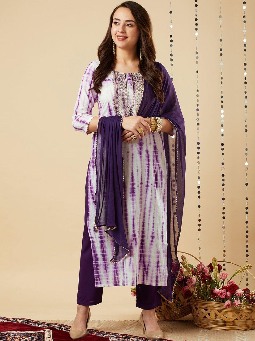 kalini abstract printed thread work kurta with trousers & dupatta