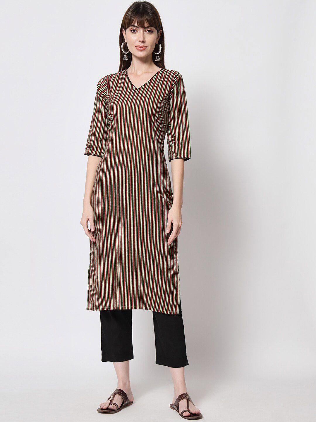 kalini ajarakh striped v-neck pure cotton kurta with trousers