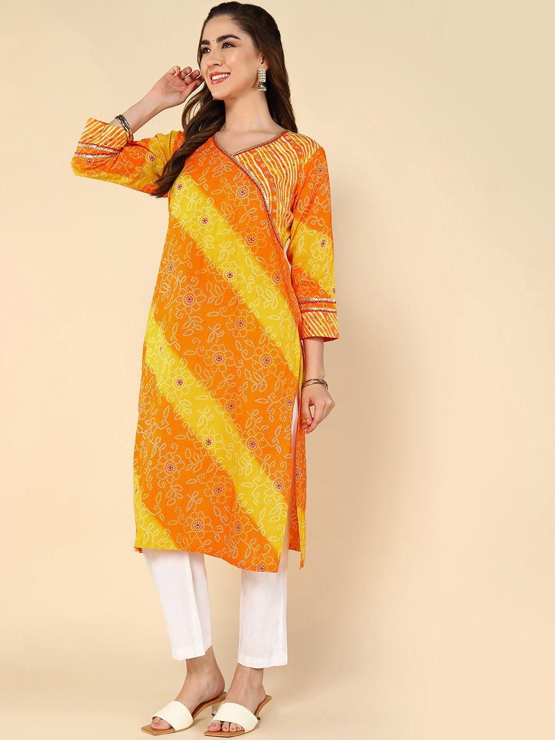 kalini bandhani and leheriya printed gotta patti cotton straight kurta