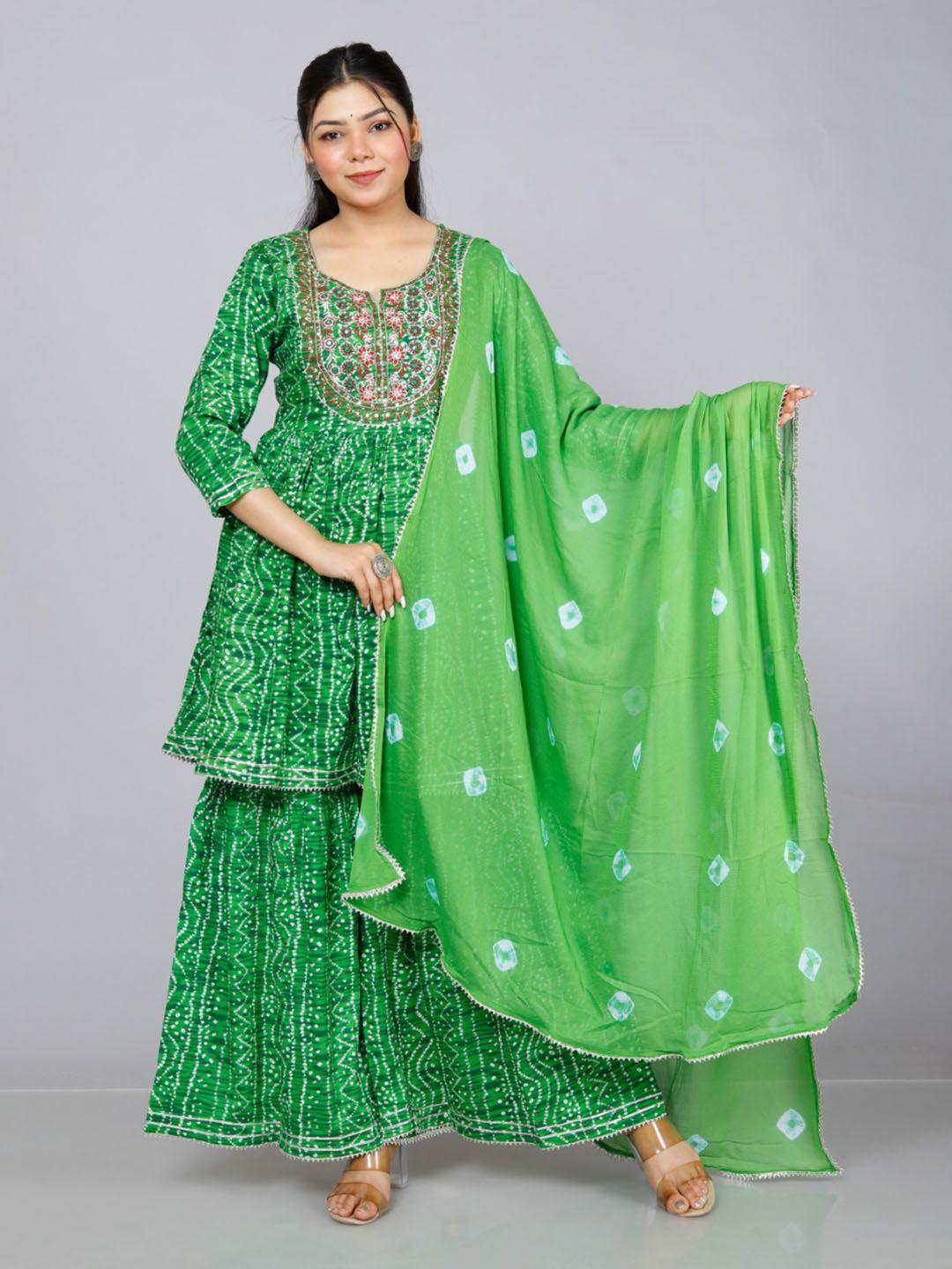 kalini bandhani ethnic motifs printed gotta patti anarkali kurti with sharara & dupatta