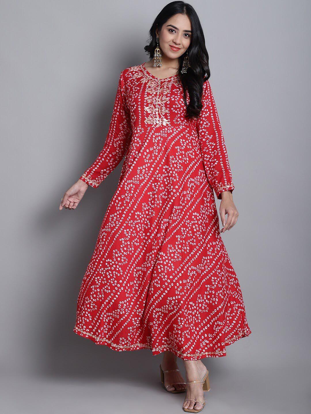 kalini bandhani ethnic motifs printed round neck anarkali kurta