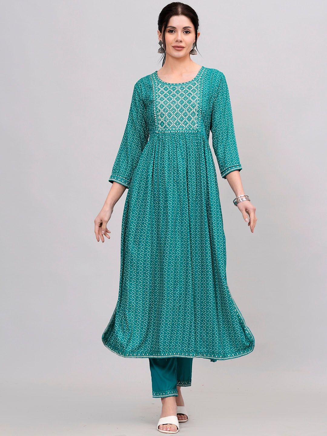 kalini bandhani printed anarkali thread work kurta with trousers & dupatta