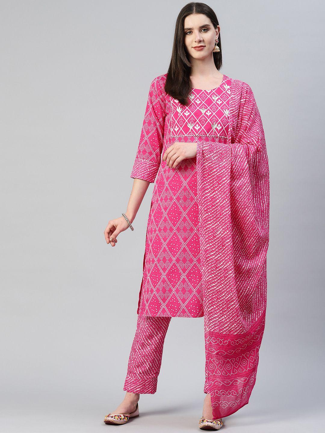 kalini bandhani printed empire pure cotton kurta with pyjamas & dupatta