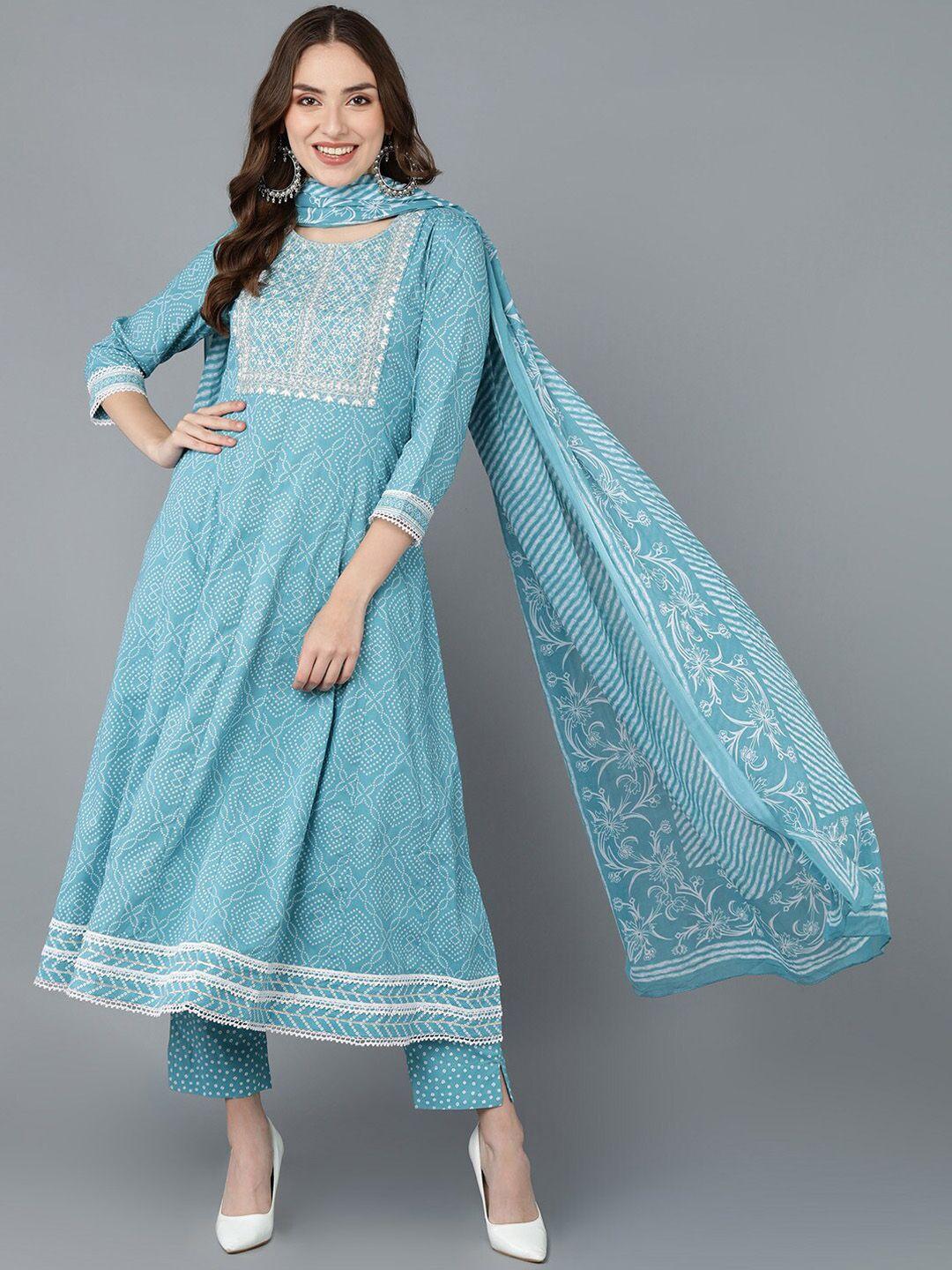 kalini bandhani printed empire thread work kurta with trousers & with dupatta