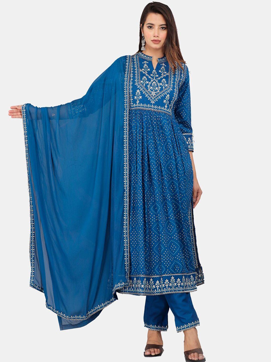 kalini bandhani printed gotta patti a-line kurta with trousers & dupatta