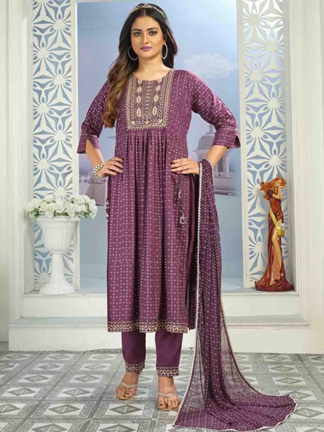 kalini bandhani printed high slit kurta with trousers & dupatta