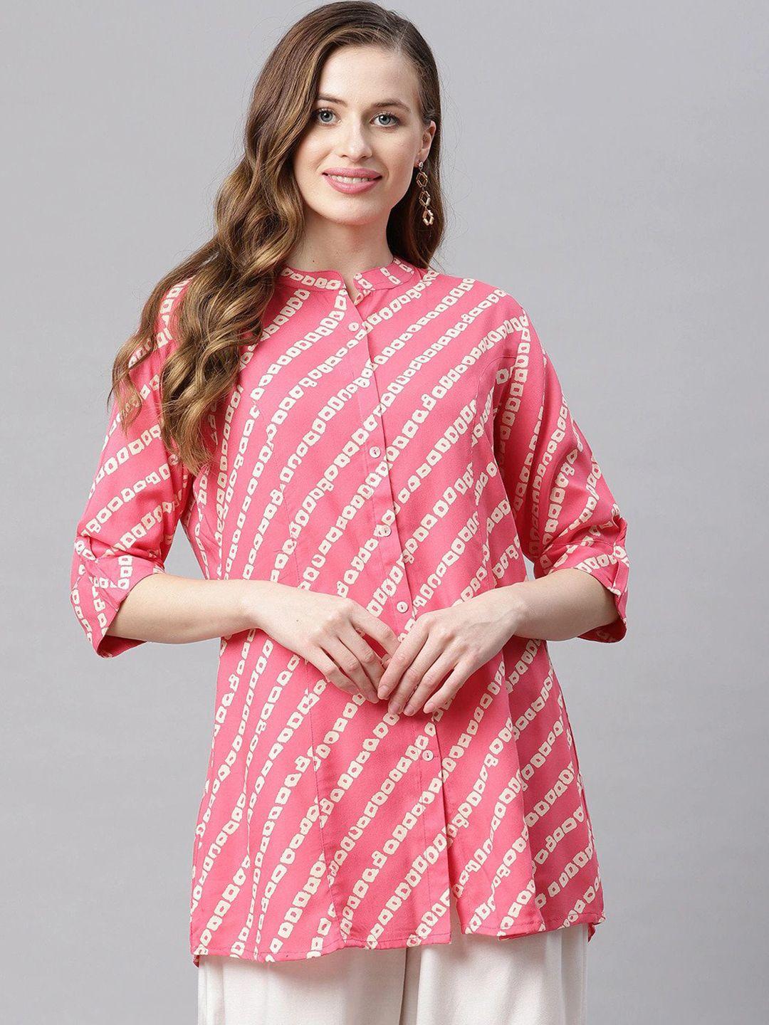 kalini bandhani printed mandarin collar roll-up sleeves longline shirt style top
