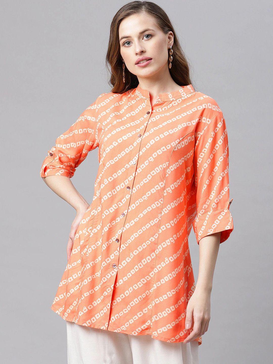 kalini bandhani printed mandarin collar roll-up sleeves longline shirt style top