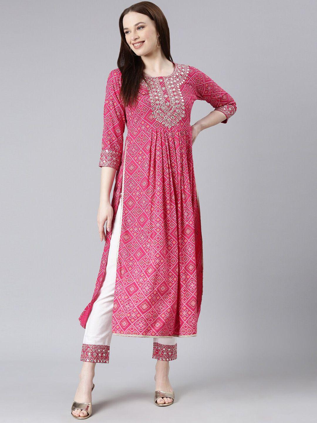 kalini bandhani printed mirror work high slit kurta with trousers