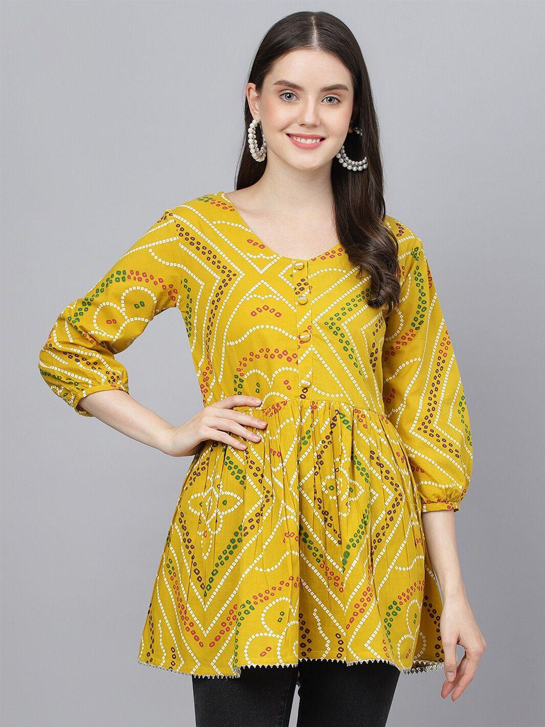 kalini bandhani printed puffed sleeves pure cotton peplum top