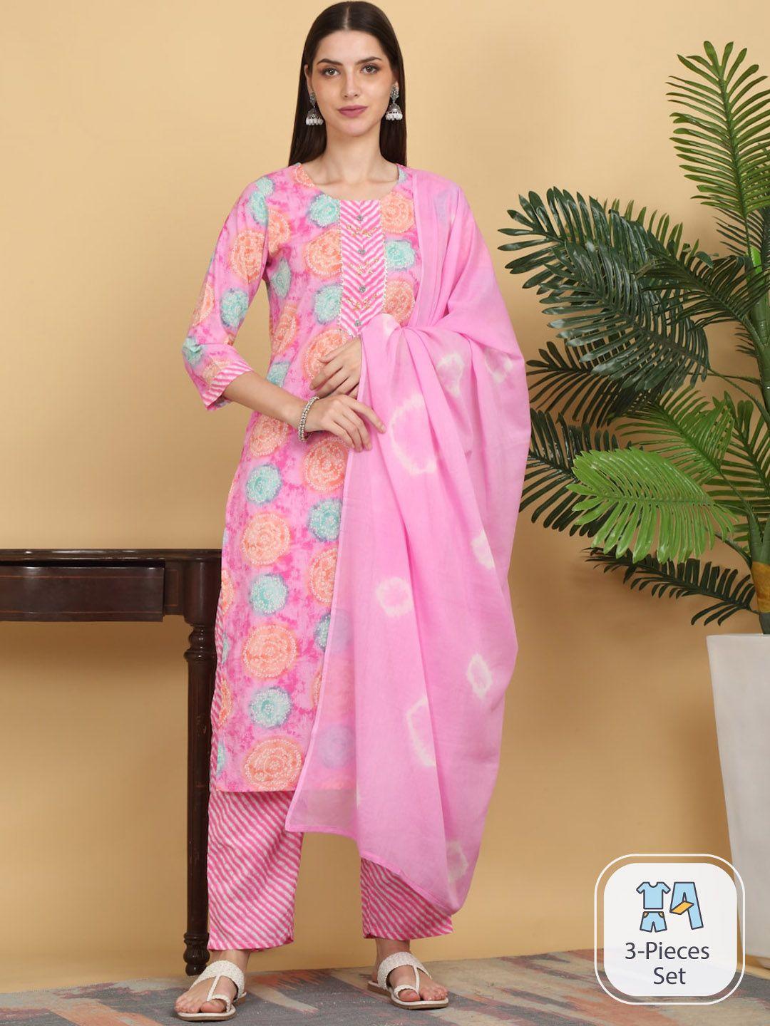 kalini bandhani printed regular pure cotton kurta & trousers with dupatta