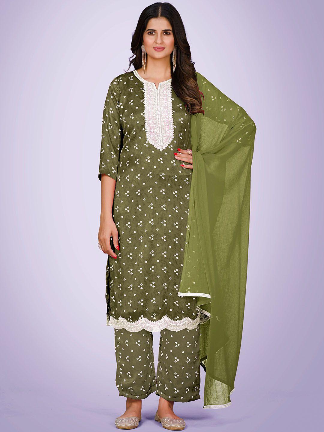 kalini bandhani printed regular thread work kurta with trousers & dupatta