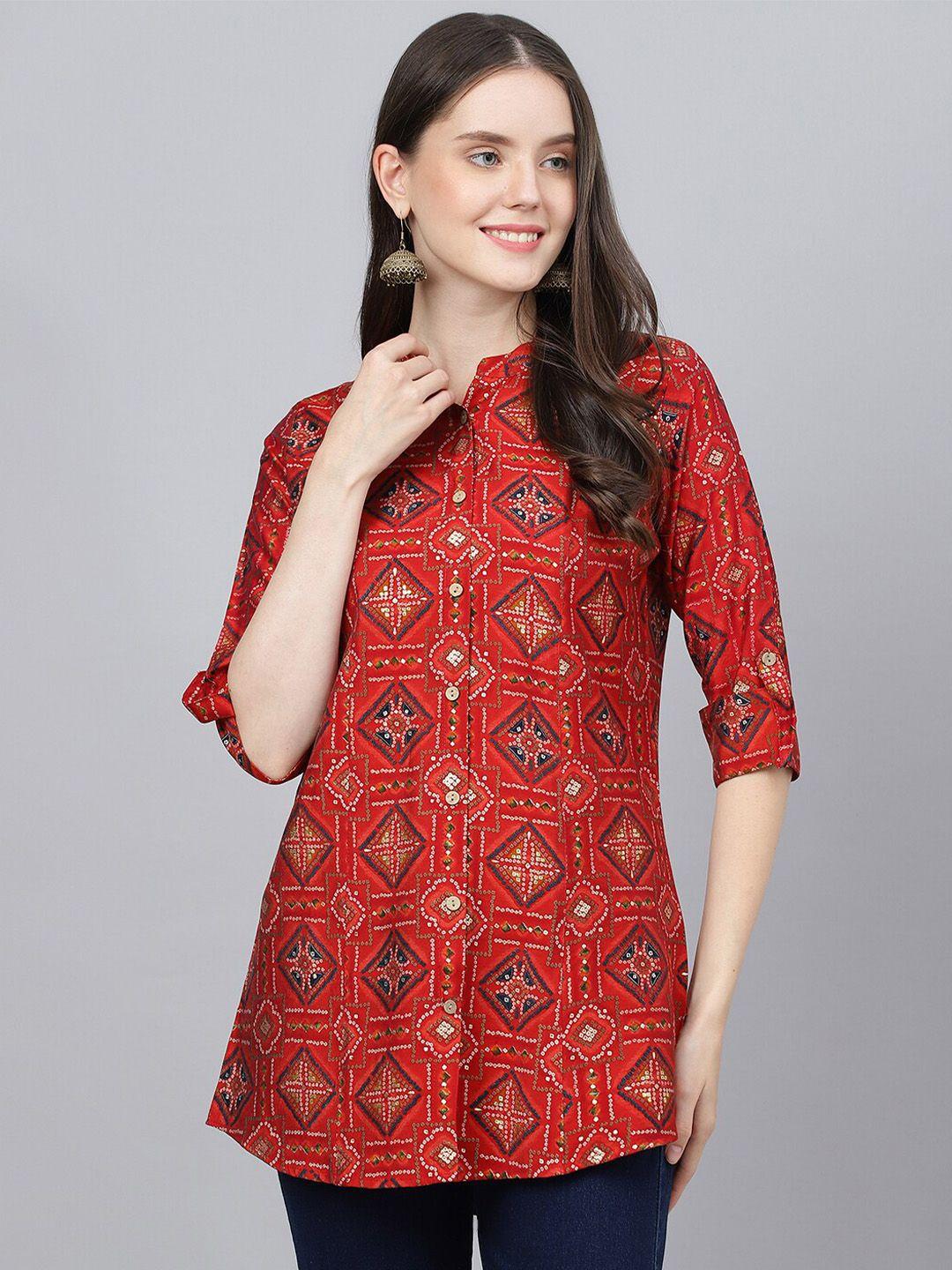 kalini bandhani printed roll-up sleeves shirt style longline top