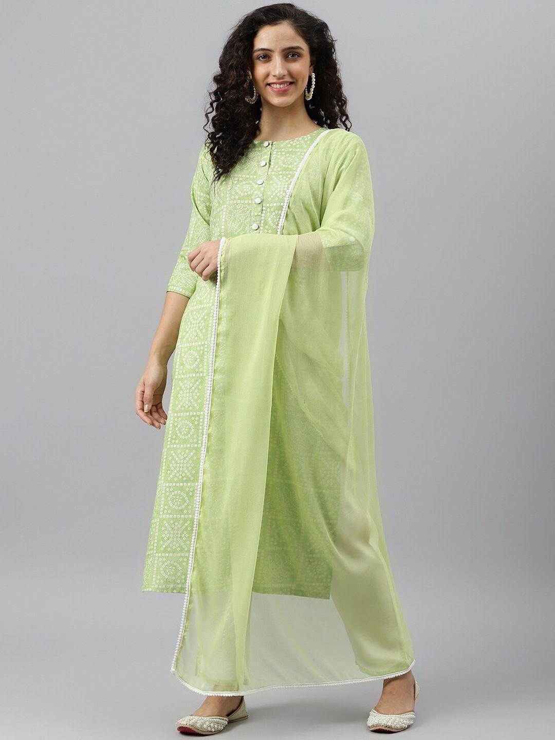 kalini bandhani printed roll-up sleeves straight kurta with trousers & dupatta