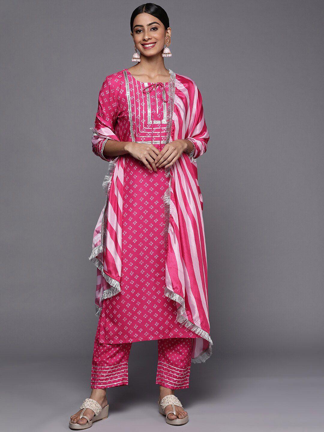 kalini bandhani printed straight gotta patti kurta with trousers & dupatta