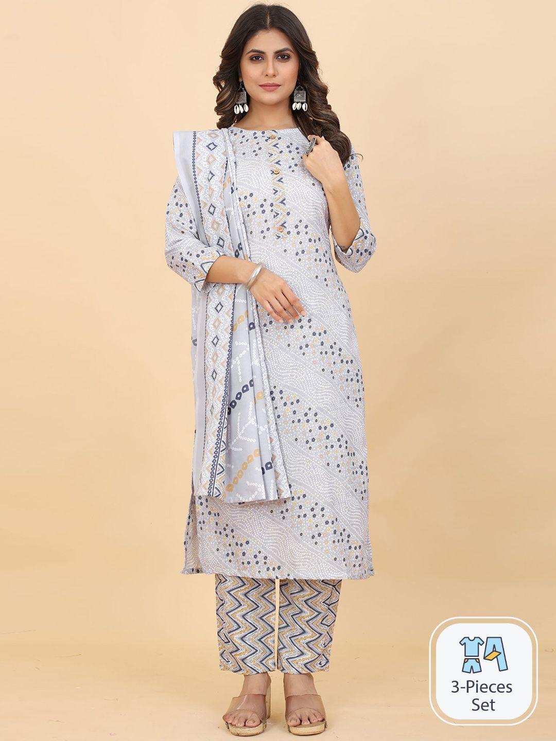 kalini bandhani printed straight kurta & trousers with dupatta