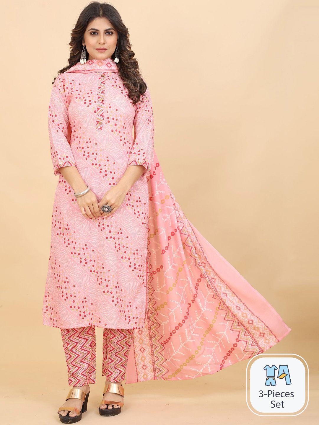 kalini bandhani printed straight kurta & trousers with dupatta