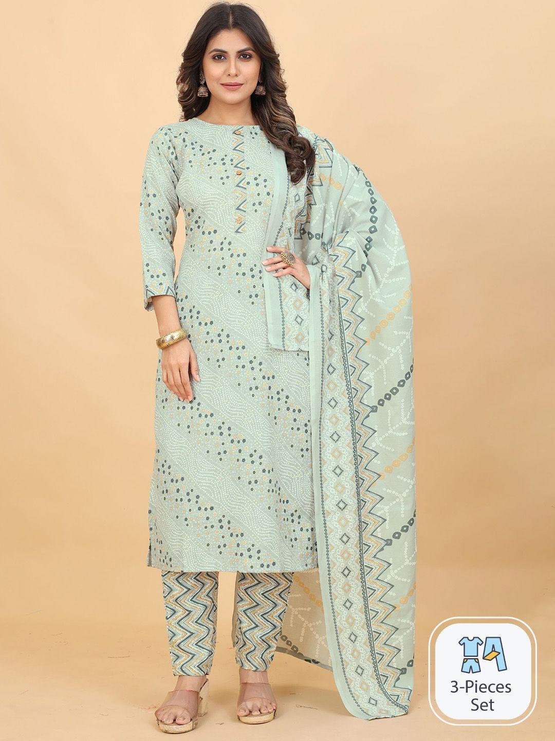 kalini bandhani printed straight kurta & trousers with dupatta