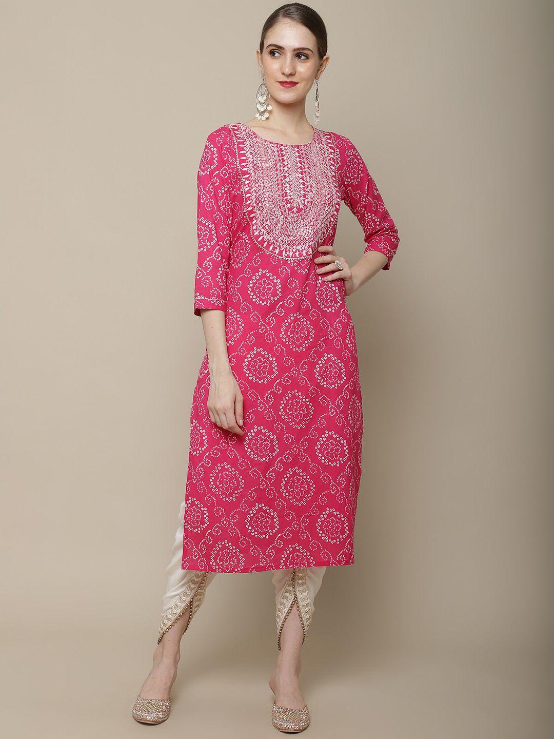 kalini bandhani printed thread work and gotta patti detailed straight pure cotton kurta