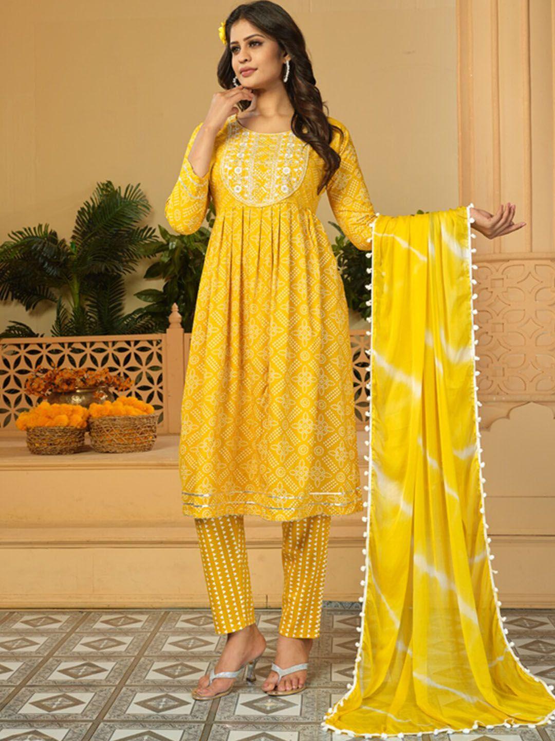 kalini bandhani printed thread work detailed pleated a-line kurta & trousers with dupatta