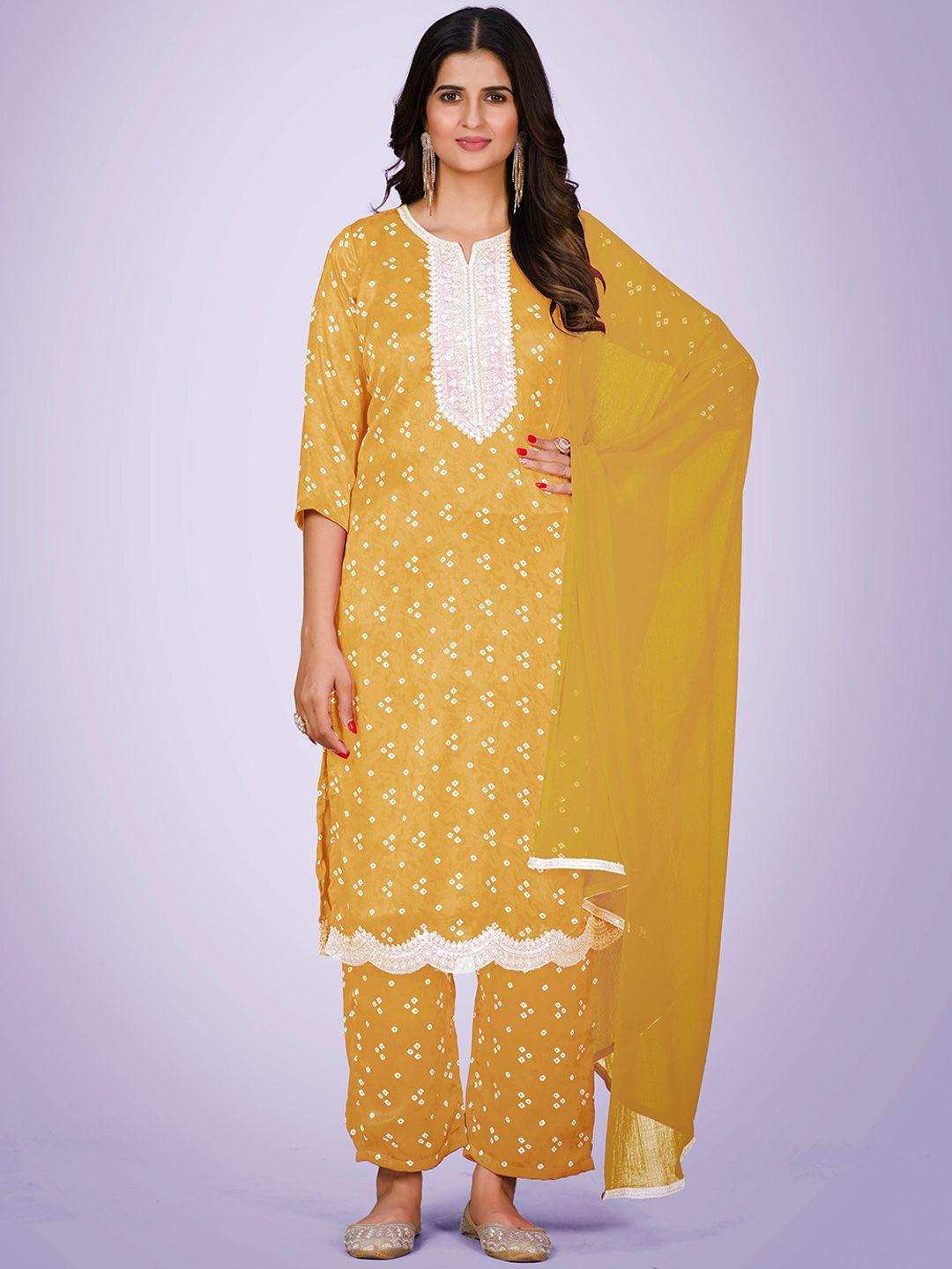 kalini bandhani printed thread work kurta & trousers with dupatta