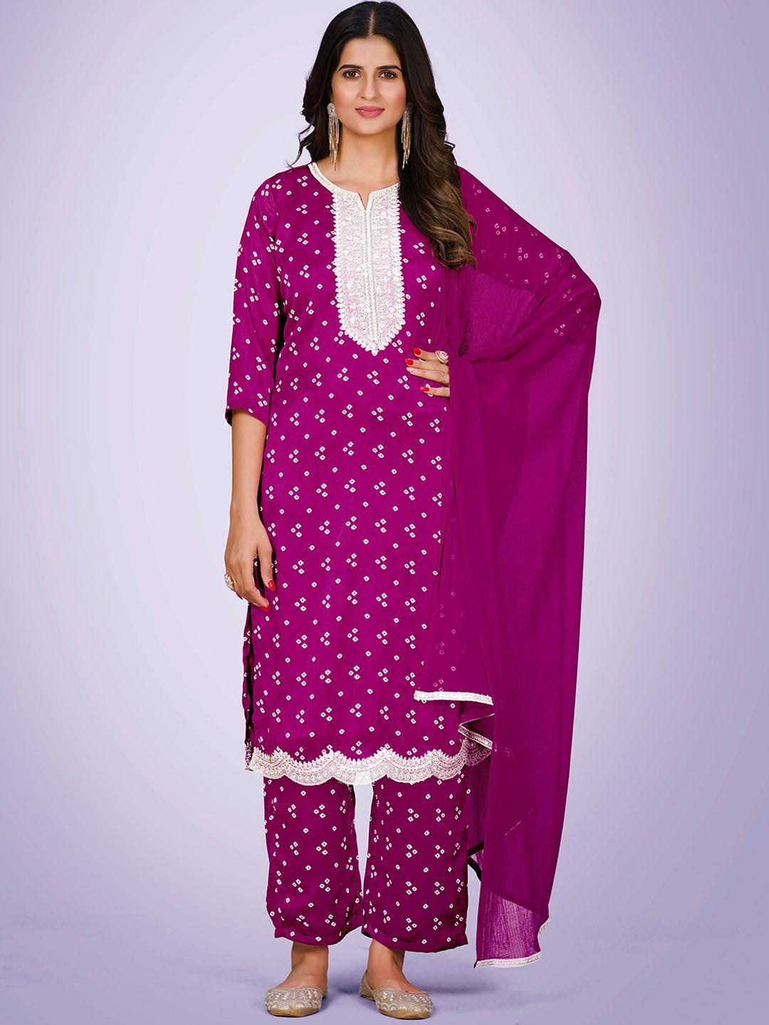 kalini bandhani printed thread work kurta & trousers with dupatta