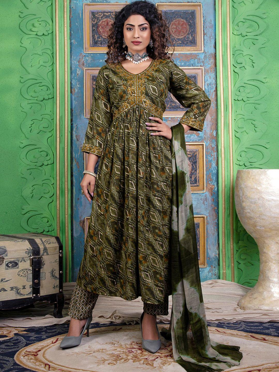 kalini bandhani printed thread work kurta with trousers & dupatta